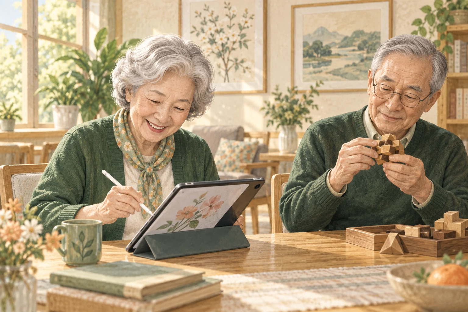 태블릿의 넓은 화면으로 그림과 퍼즐 활동에 참여하는 어르신의 서비스 소개 일러스트