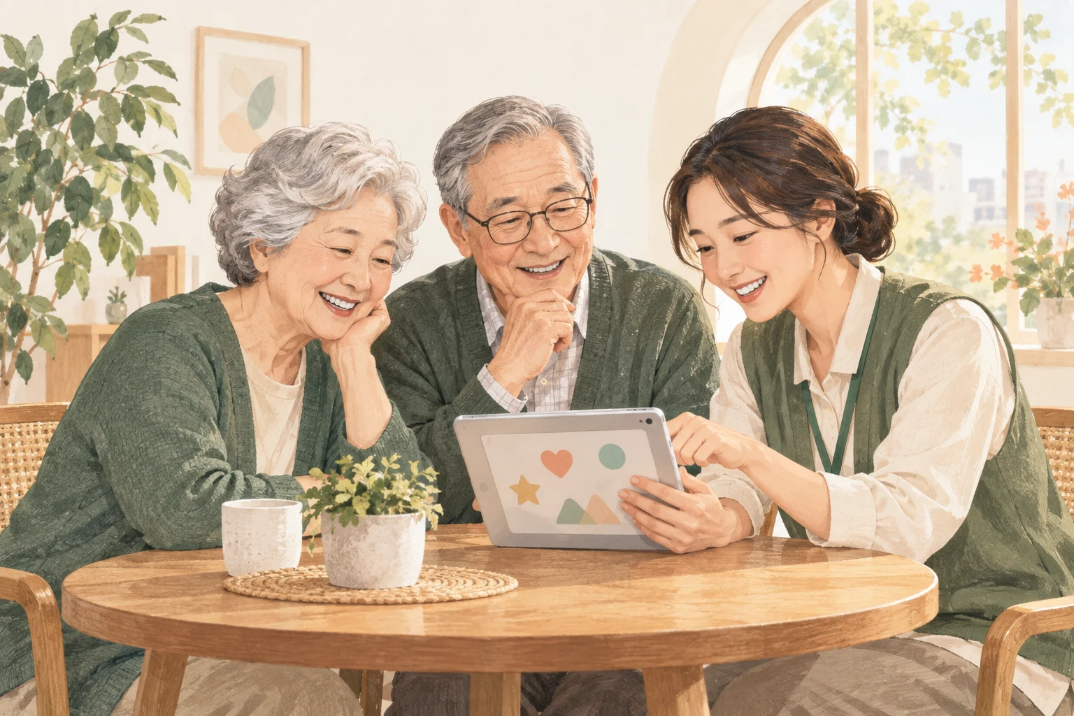 어르신과 강사가 함께 태블릿 활동을 즐기는 서비스 소개 일러스트